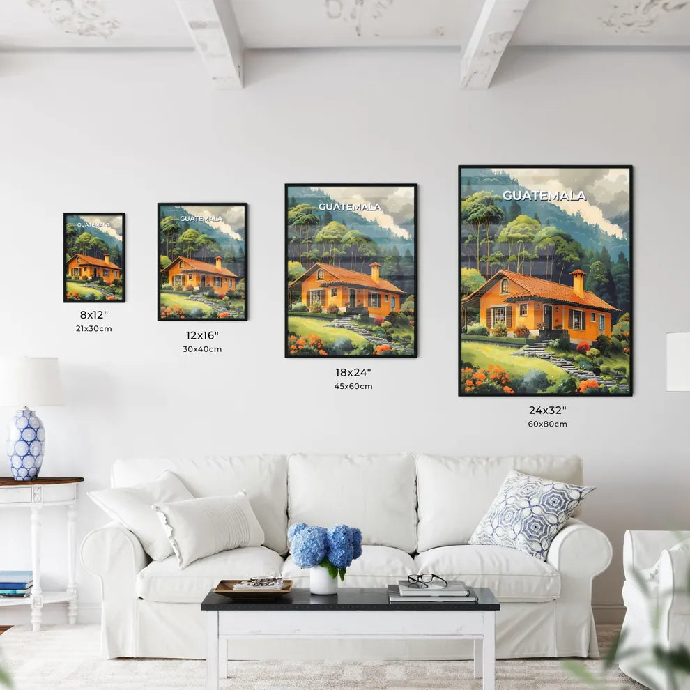 Colorful Guatemala Painting Depicting a North American House Nestled Amidst Lush Forest Scenery Size Chart
