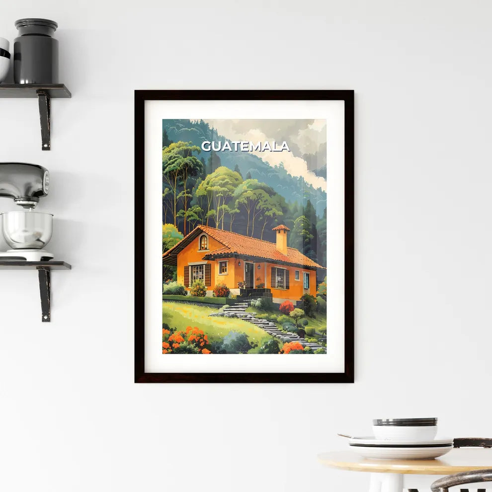 Colorful Guatemala Painting Depicting a North American House Nestled Amidst Lush Forest Scenery Custom Print