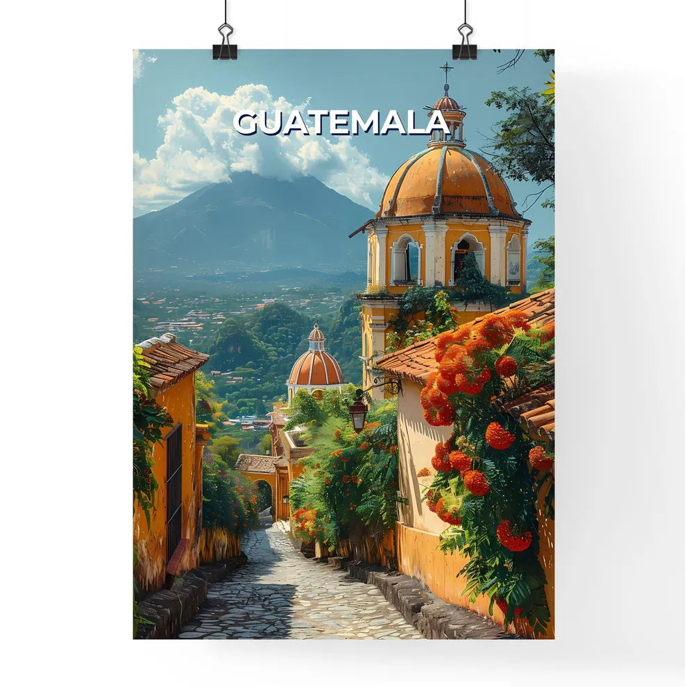 Vibrant Guatemalan Art Street Depicting Steeple and Mountain Poster