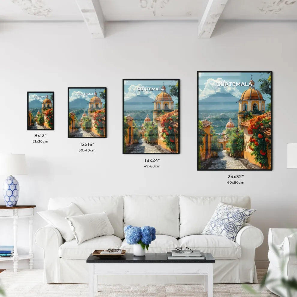 Vibrant Guatemalan Art Street Depicting Steeple and Mountain Size Chart