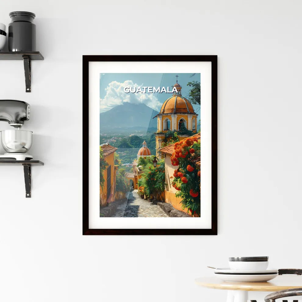 Vibrant Guatemalan Art Street Depicting Steeple and Mountain Custom Print