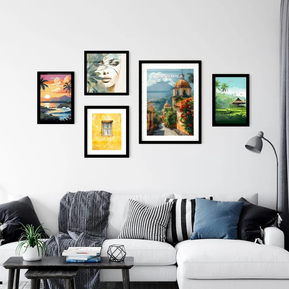 Vibrant Guatemalan Art Street Depicting Steeple and Mountain Interior Design
