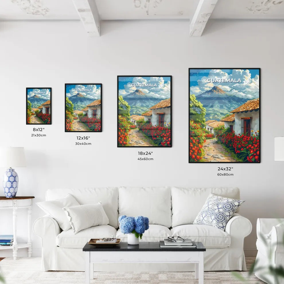 Vibrant Guatemalan Painting: Floral Path with Mountain Vista Size Chart
