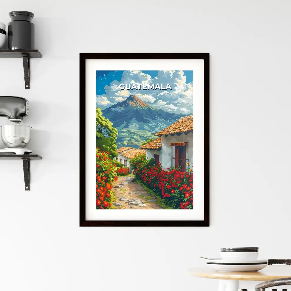 Vibrant Guatemalan Painting: Floral Path with Mountain Vista Custom Print