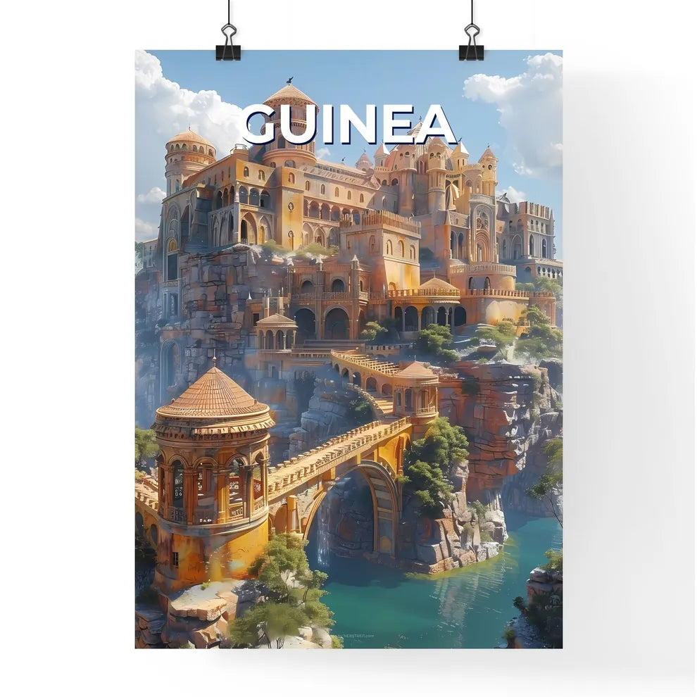 Vibrant Painting Depicting Majestic Castle Perched on a Rocky Hilltop in the Heart of Guinea, Africa Poster