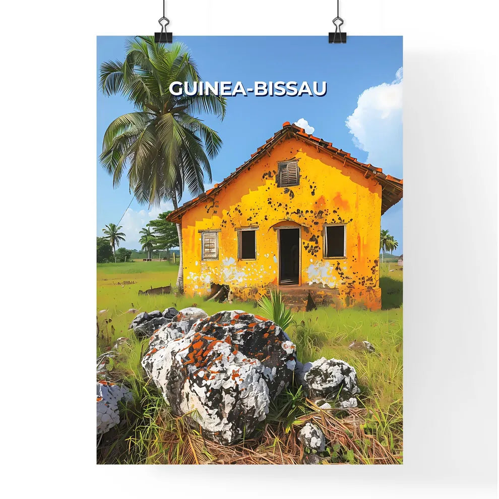 Yellow House in Guinea-Bissau Field with Rocks and Palm Trees - Vibrant Painting Art Print Poster