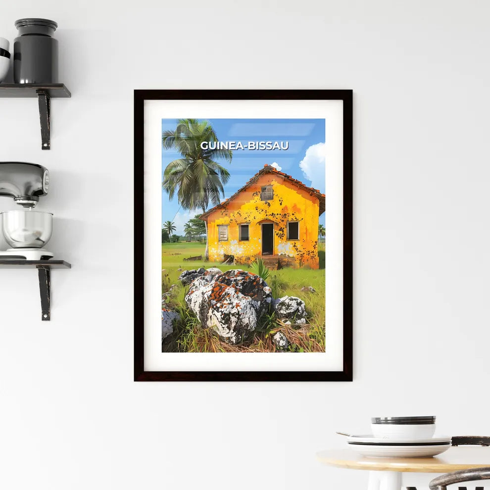 Yellow House in Guinea-Bissau Field with Rocks and Palm Trees - Vibrant Painting Art Print Custom Print