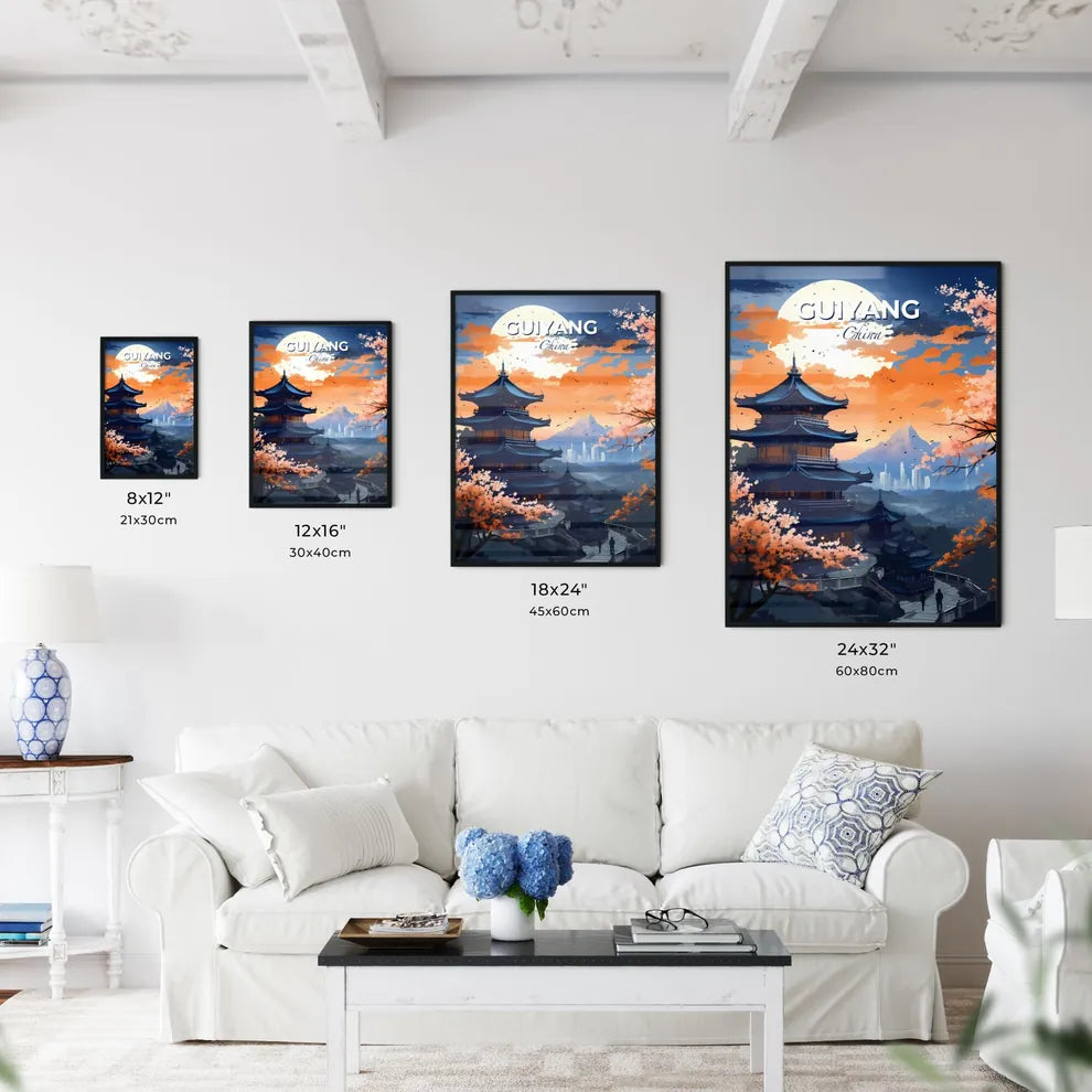 Colorful Guiyang Chinese Cityscape Artwork Panorama Oriental Pagoda Painting Mountains Background Default Title