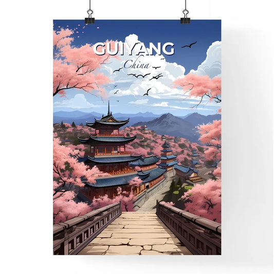 Guiyang City Skyline Vibrant Painting Focus Art Chinese Pagoda Cherry Blossoms Bridge Default Title