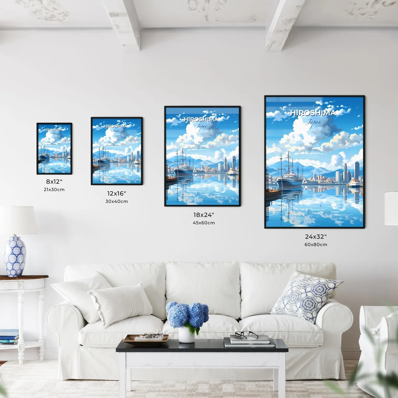 Hiroshima Japan Harbor Skyline - Vivid Artistic Painting of a Ship in a Tranquil Water Default Title