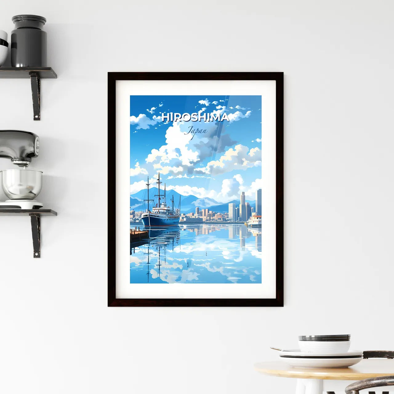 Hiroshima Japan Harbor Skyline - Vivid Artistic Painting of a Ship in a Tranquil Water Default Title