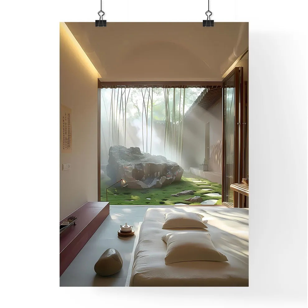 Minimalist Guest Room with Green Landscape Poster