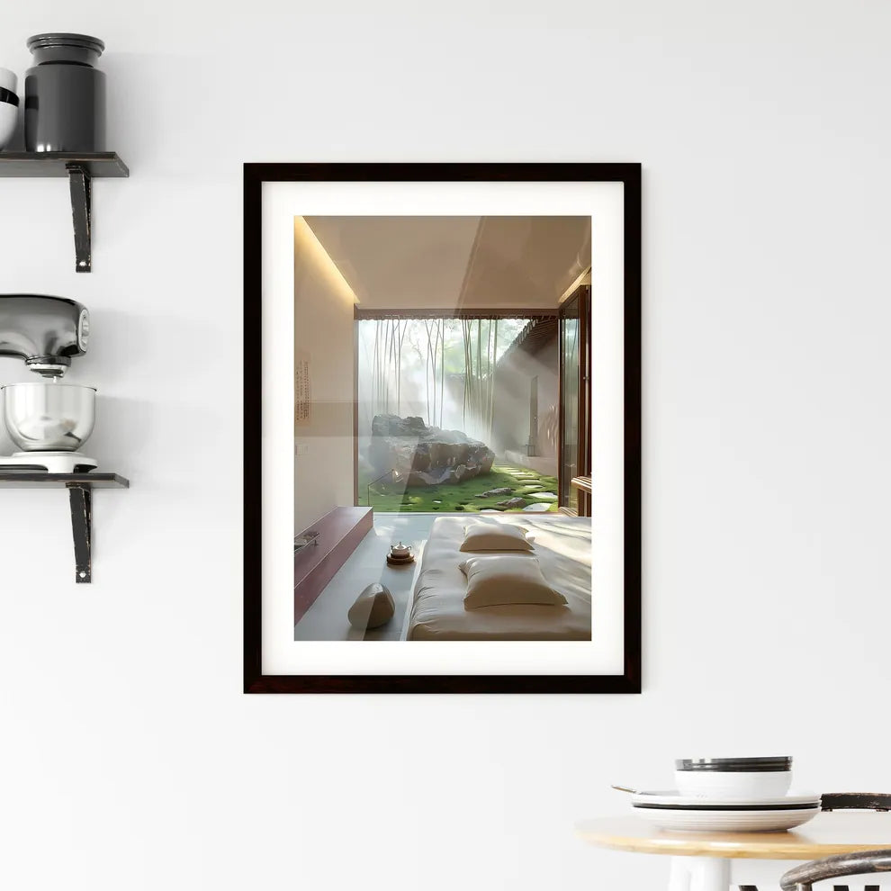 Minimalist Guest Room with Green Landscape Framed Print