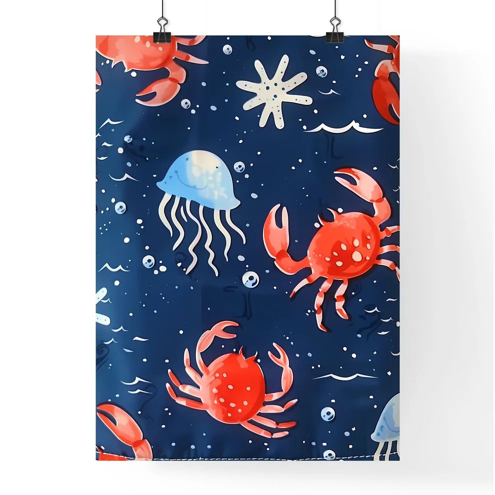 Vibrant Blue Fabric with Whimsical Sea Animals: Fish Poster