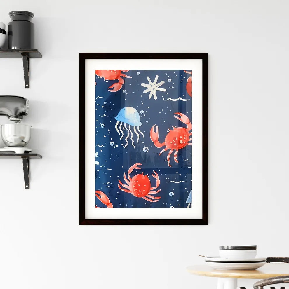 Vibrant Blue Fabric with Whimsical Sea Animals: Fish Framed Print
