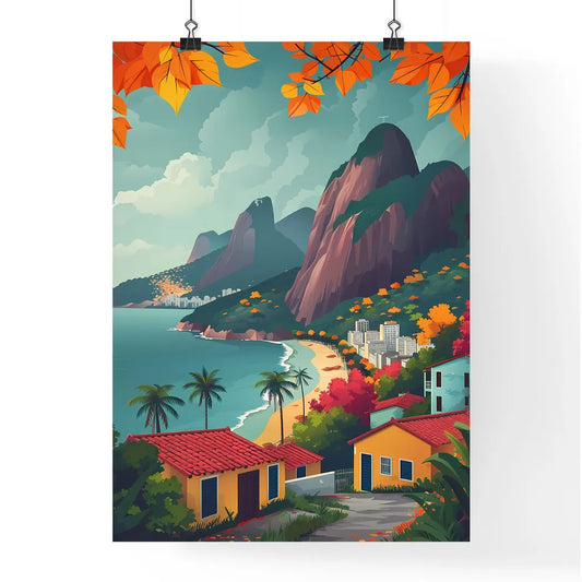 Vibrant Beach Painting: Minimalist Rio de Janeiro Landscape with Buildings and Mountains Poster