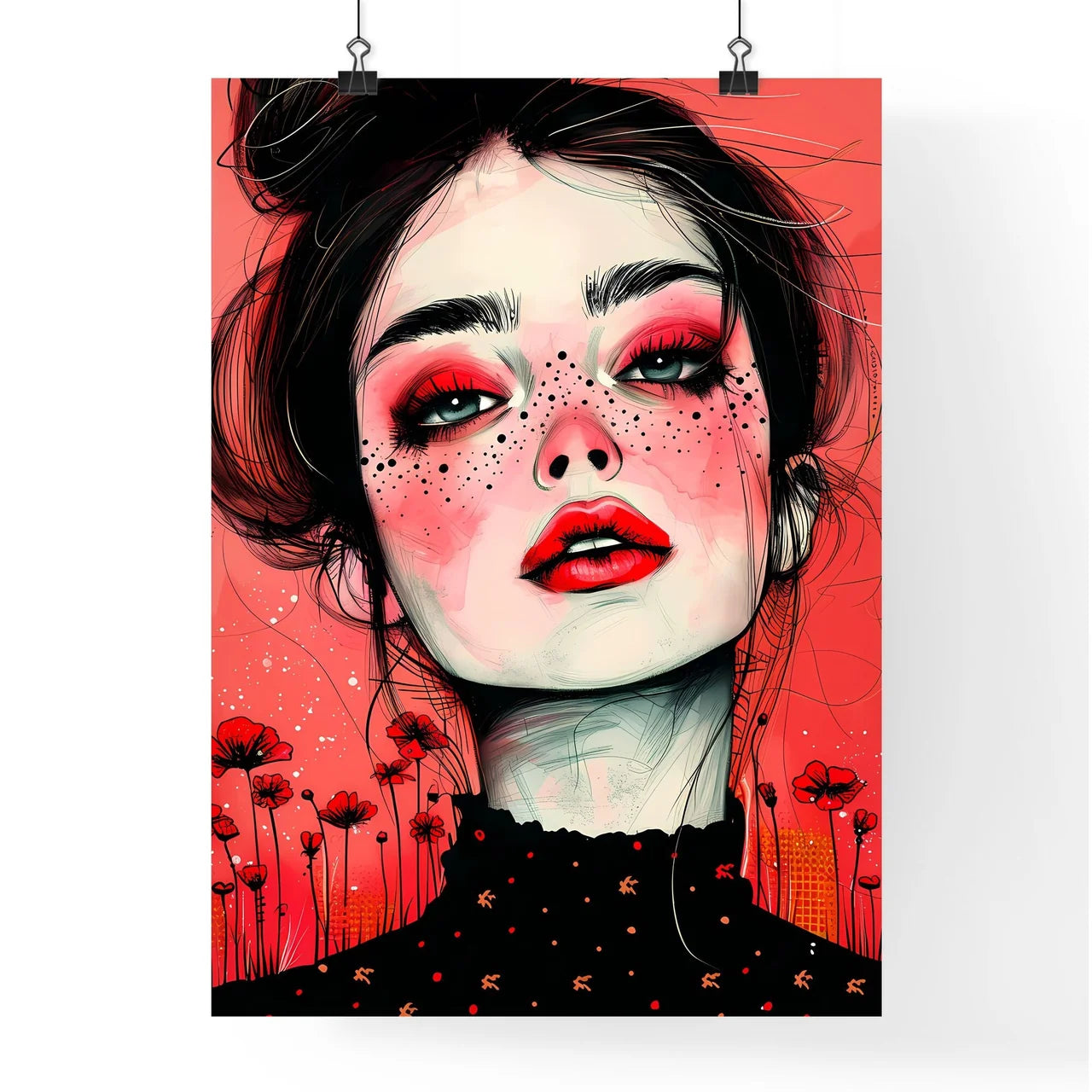 Abstract, Modern Art, Vibrant, Fun, Pop Art, Woman, Freckles, Red Makeup, Quirky Default Title