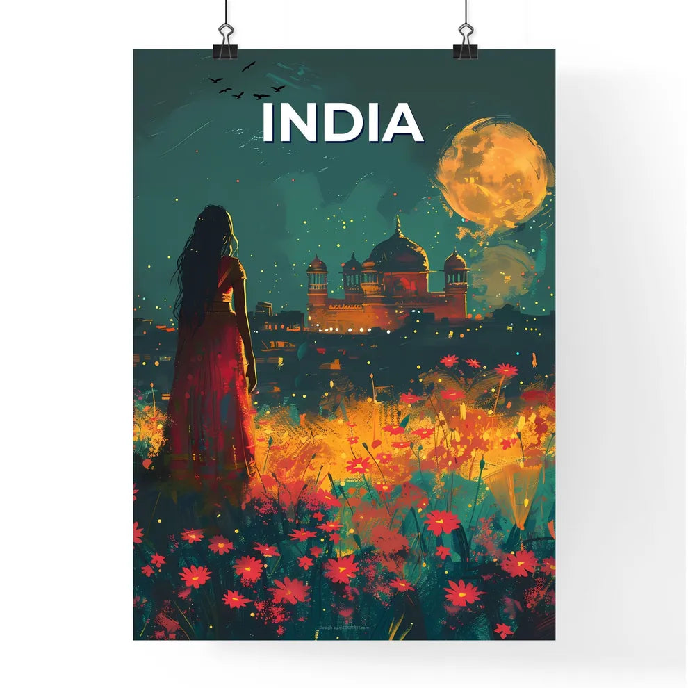 Vibrant Indian Painting of a Woman in Red Dress Amidst Colorful Field of Flowers Poster
