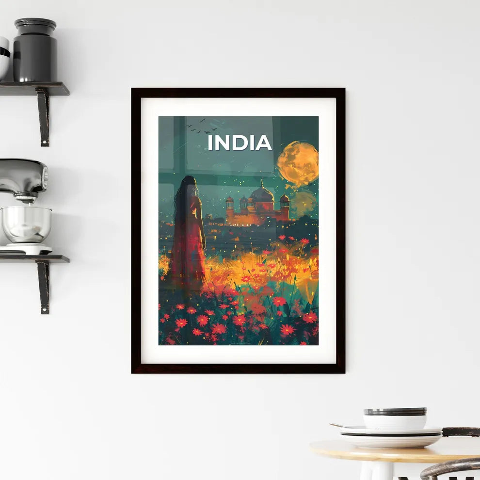 Vibrant Indian Painting of a Woman in Red Dress Amidst Colorful Field of Flowers Custom Print