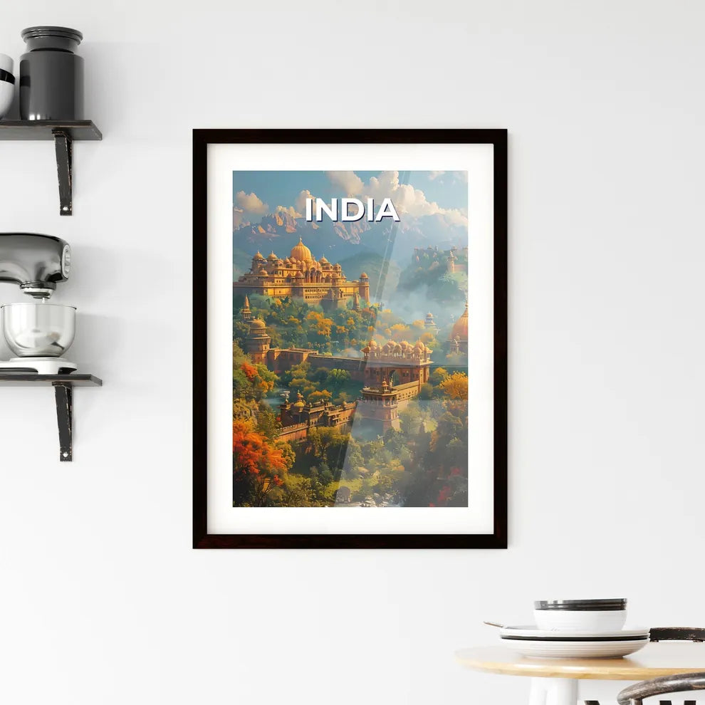 Vibrant Indian Art: Intricate Painting of a Mountainous Castle in South Asia Custom Print