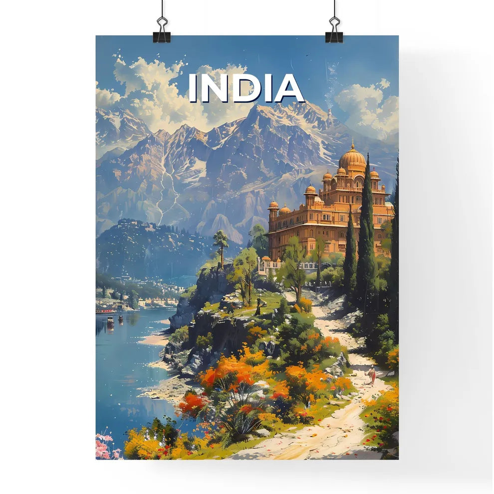 Painting from India, South Asia featuring building on hillside near waterbody, highlighting artistic details Poster