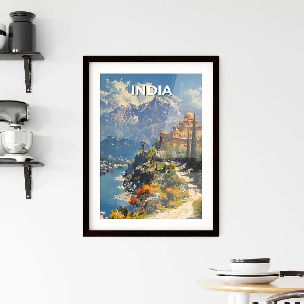 Painting from India, South Asia featuring building on hillside near waterbody, highlighting artistic details Custom Print