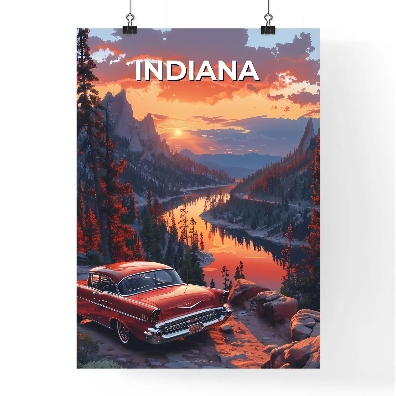 Red Car Rocky River Mountains Indiana USA Vi Poster