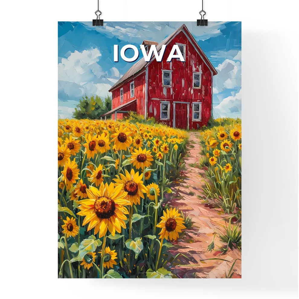 Vibrant Sunflower Field and Red Barn Art Painting, Iowa, United States Poster