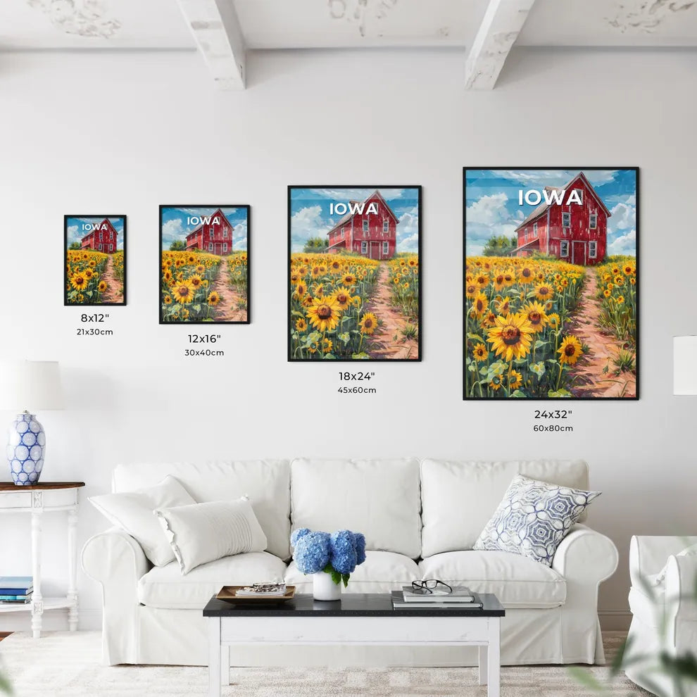Vibrant Sunflower Field and Red Barn Art Painting, Iowa, United States Size Chart