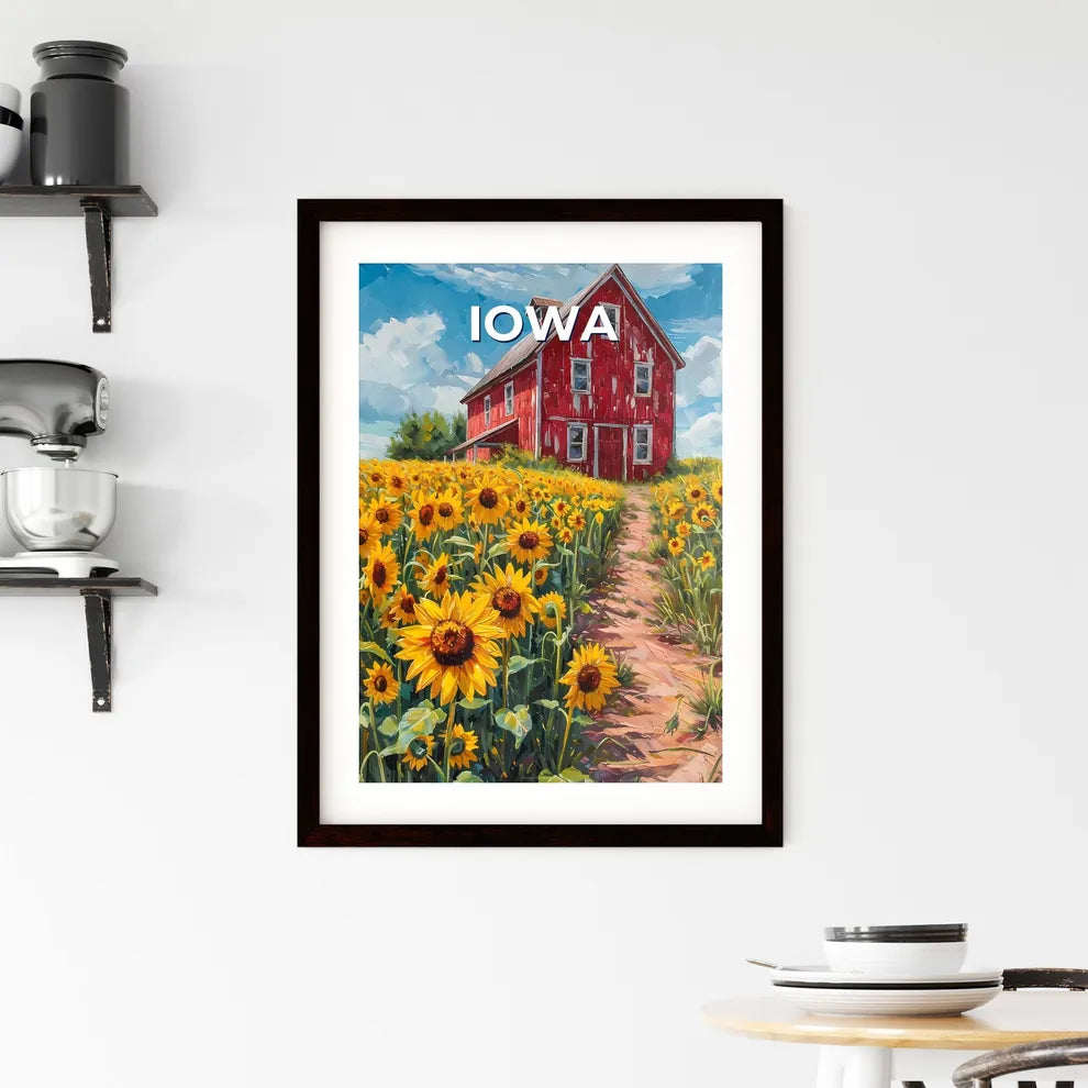 Vibrant Sunflower Field and Red Barn Art Painting, Iowa, United States Custom Print