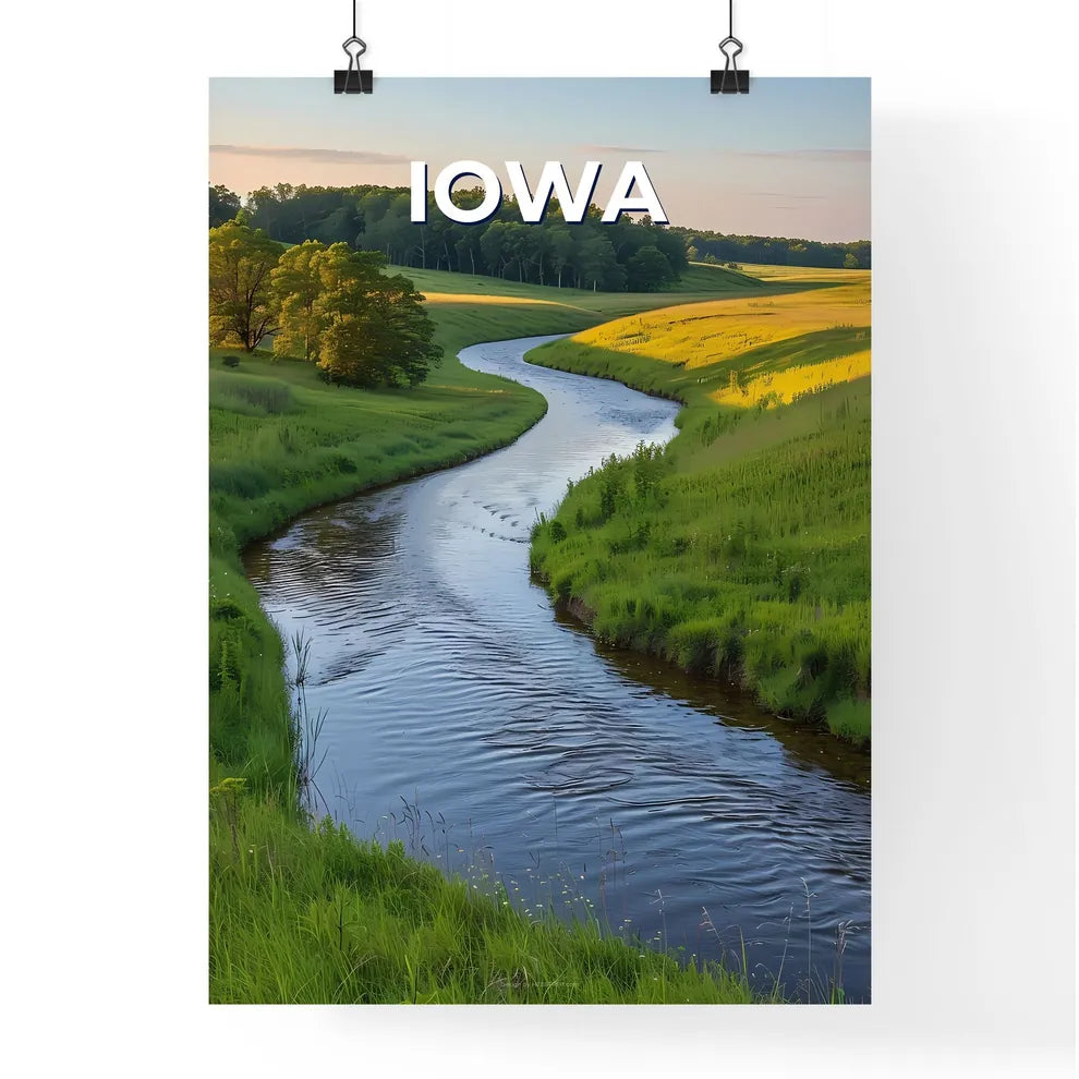 Green Field River Scene Poster