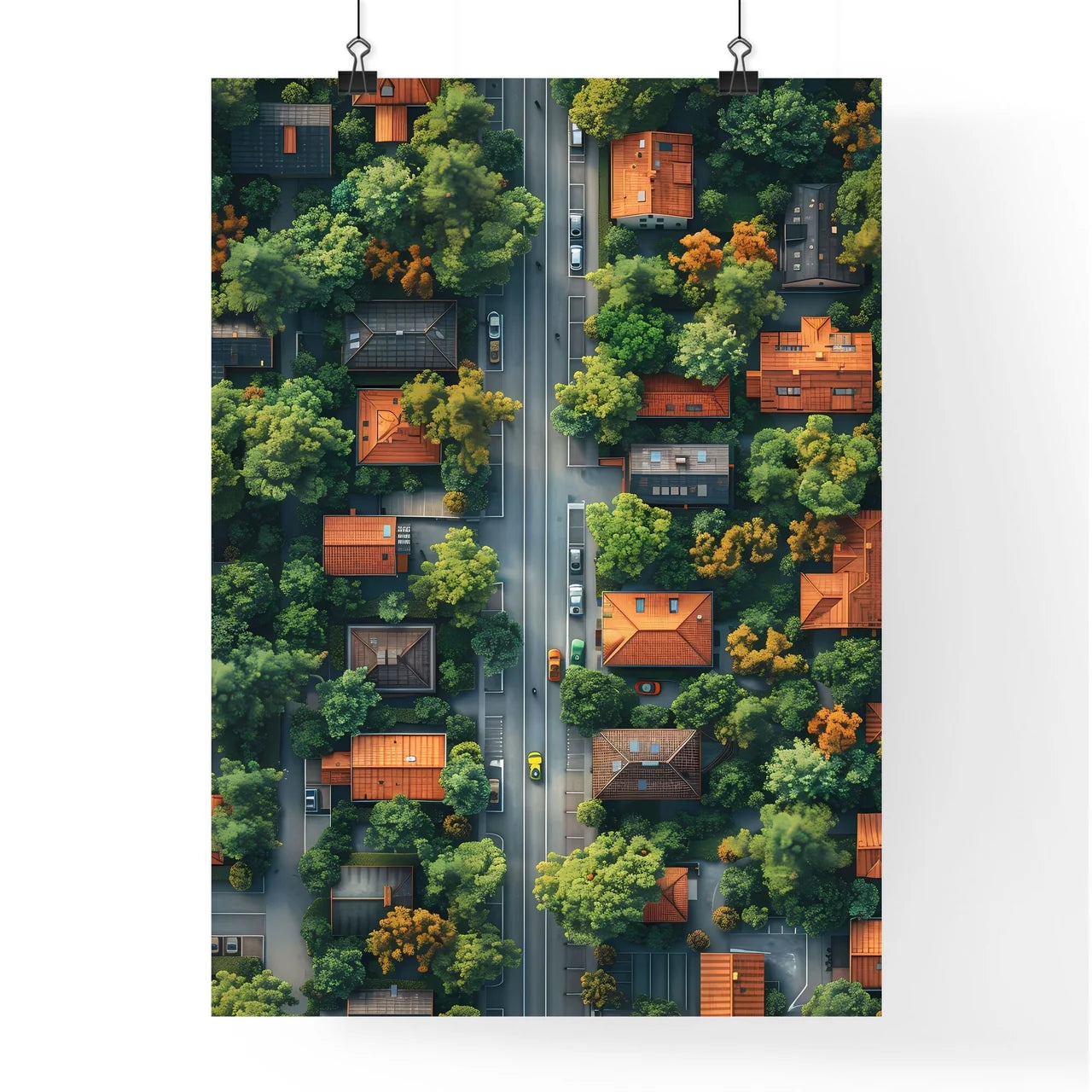Artistic Isometric Cityscape: Vibrant Aerial View with Architectural Detail and Foliage Poster