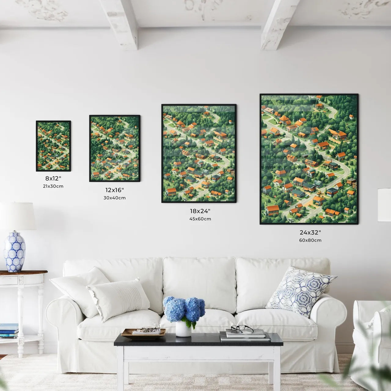 Stunning Isometric Cityscape Aerial View, Vibrant Artistic Wall Art, Urban Landscape Painting Size Chart