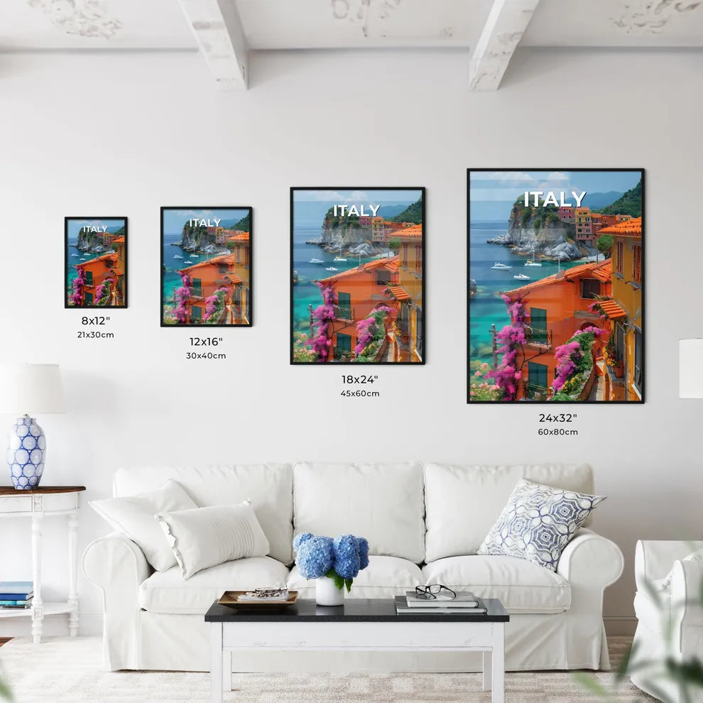 Italy, Europe: Vibrant Painting of Colorful Buildings by a Body of Water, Featuring Art Size Chart