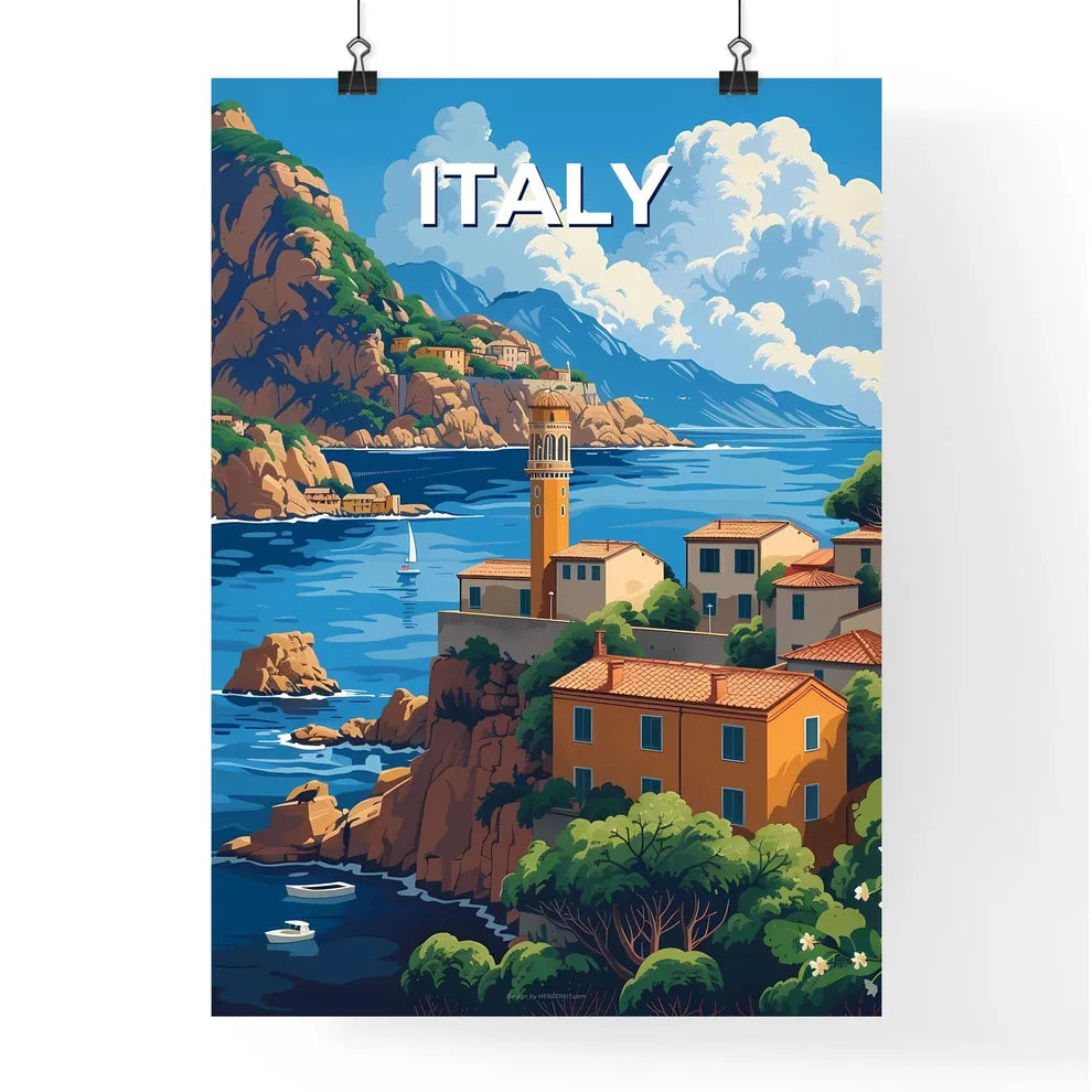 Striking Art Print: Vibrant Italian Coastal Town on Rocky Shores, Europe, Painting, Artistic Poster