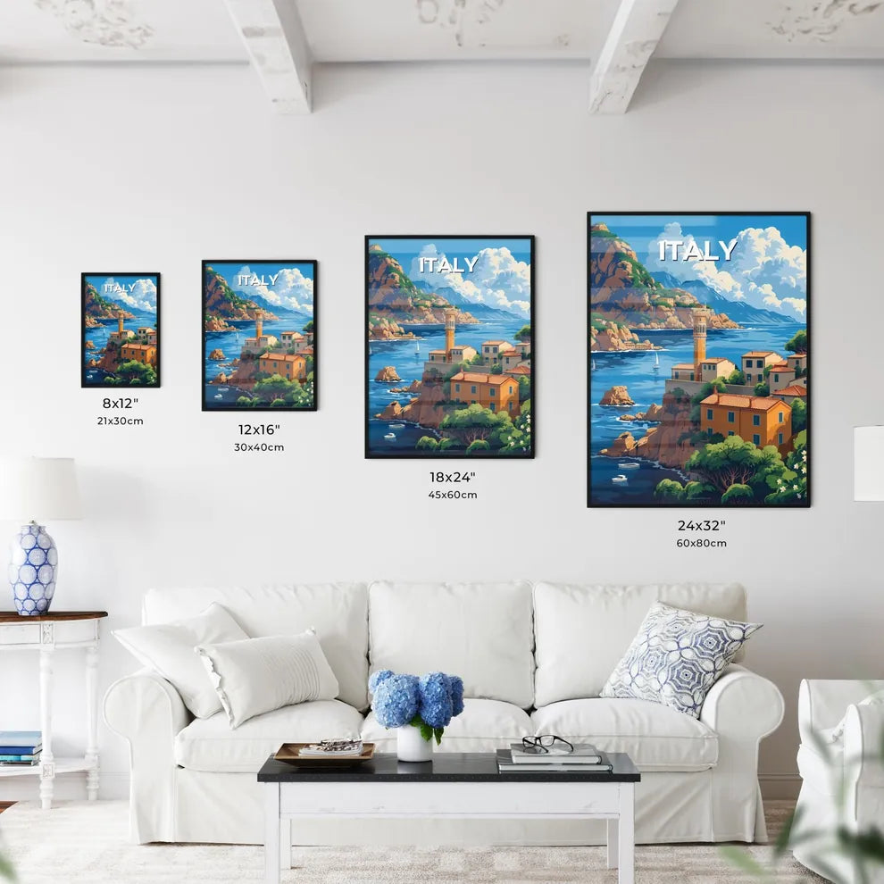 Striking Art Print: Vibrant Italian Coastal Town on Rocky Shores, Europe, Painting, Artistic Size Chart