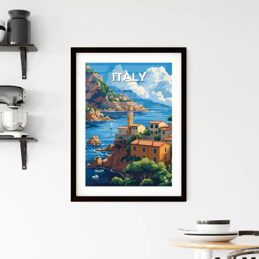 Striking Art Print: Vibrant Italian Coastal Town on Rocky Shores, Europe, Painting, Artistic Custom Print
