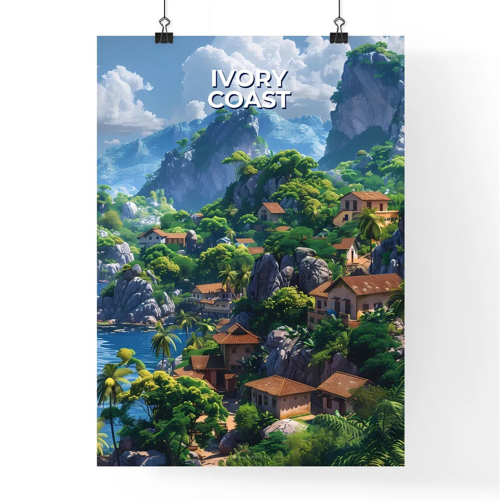 Vibrant Ivory Coast Village Landscape Painting in African Mountains and Water Poster
