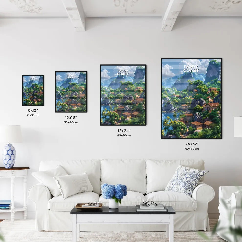 Vibrant Ivory Coast Village Landscape Painting in African Mountains and Water Size Chart