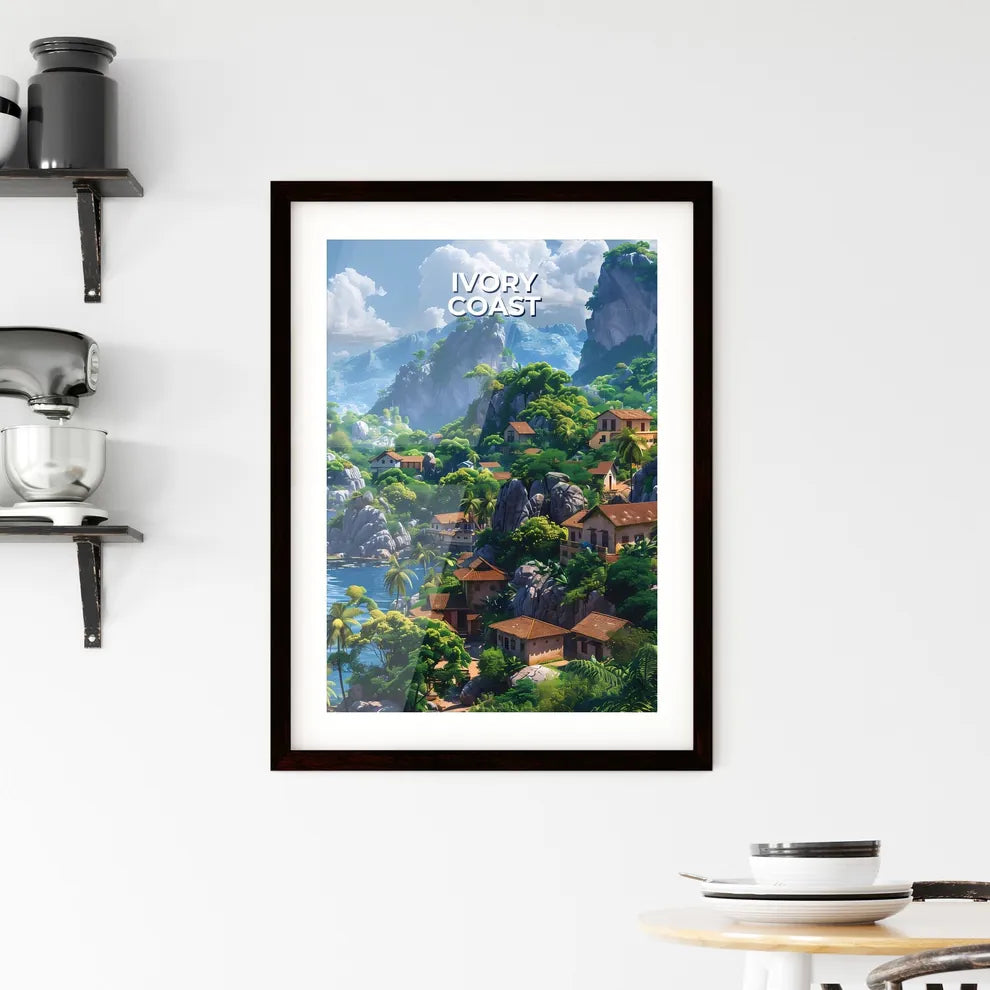 Vibrant Ivory Coast Village Landscape Painting in African Mountains and Water Custom Print