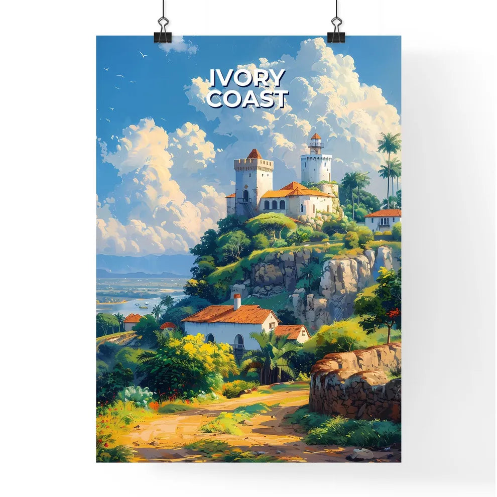 Vibrant African Art Depicting Ivory Coast Castle on a Hill with Water and Trees Poster