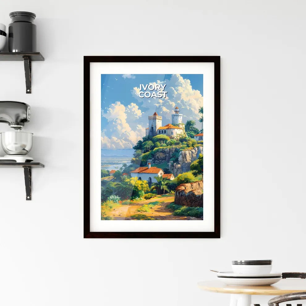 Vibrant African Art Depicting Ivory Coast Castle on a Hill with Water and Trees Custom Print