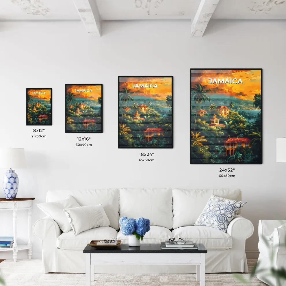 Vibrant Tropical Landscape Artwork: Jamaica, North America, Forest, Buildings, Trees, Art Size Chart