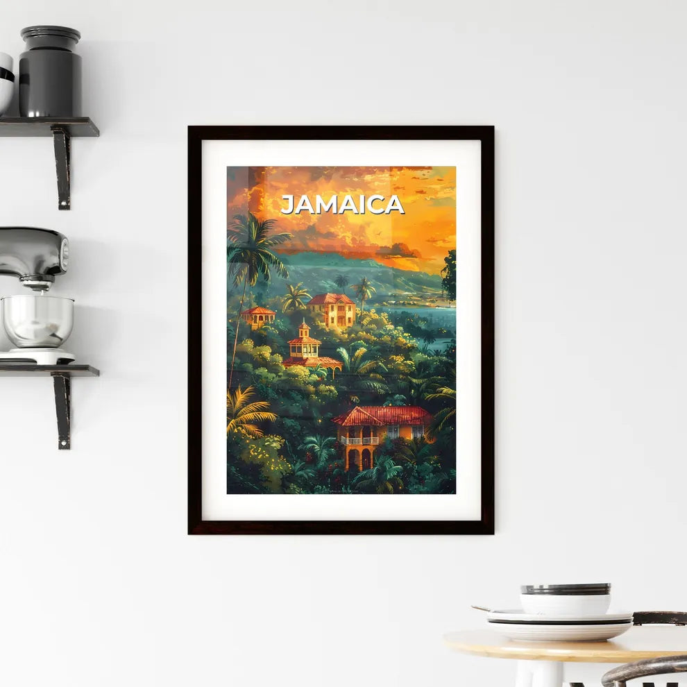 Vibrant Tropical Landscape Artwork: Jamaica, North America, Forest, Buildings, Trees, Art Custom Print