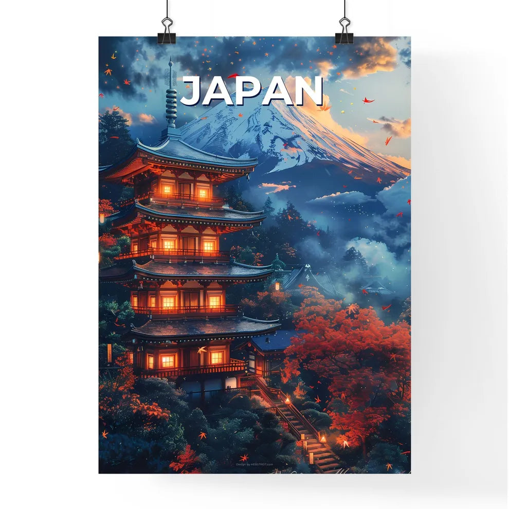 Art, Architecture, Asia, Artwork, Building, Cityscape, East Asia, Japan, Landscape, Modern, Mountain, Painting, Scenic, Skyline, Travel, Vibrant Poster