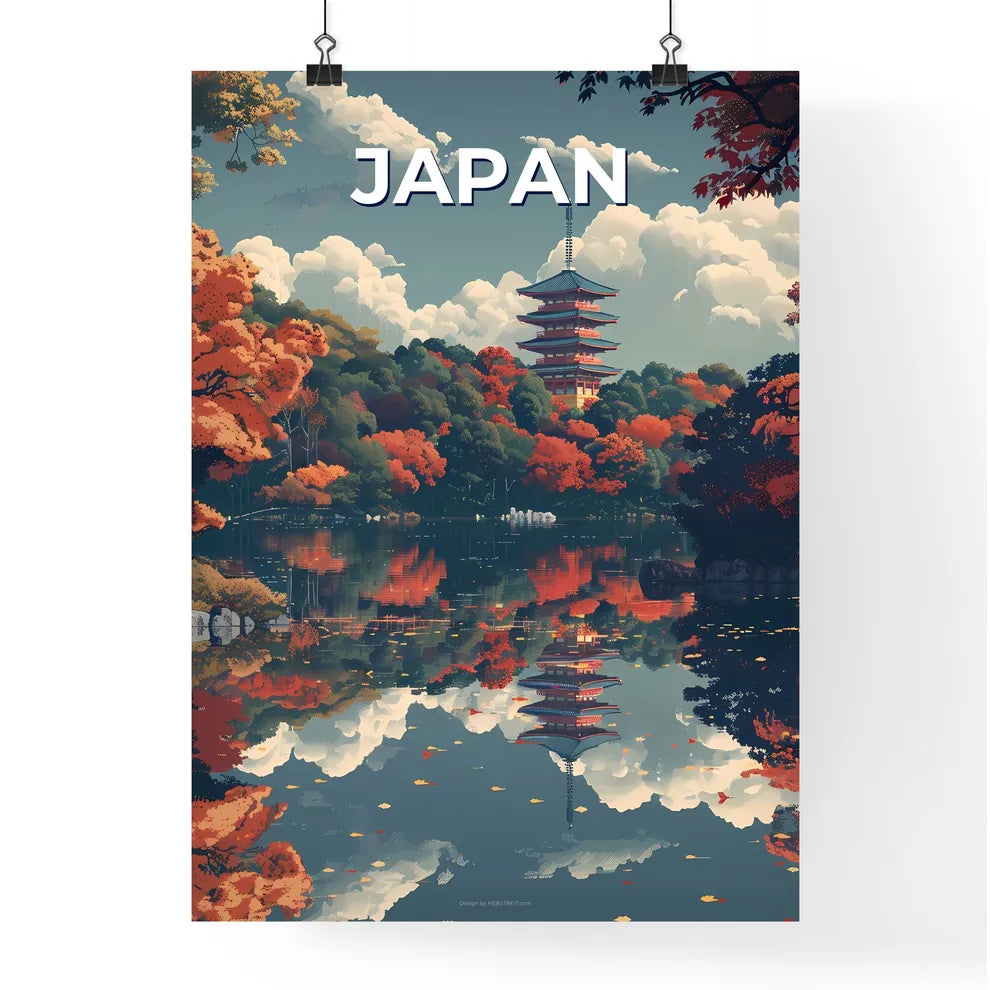 Vibrant Japanese Artwork Depicting a Serene Waterway with Tower Amidst Trees Poster