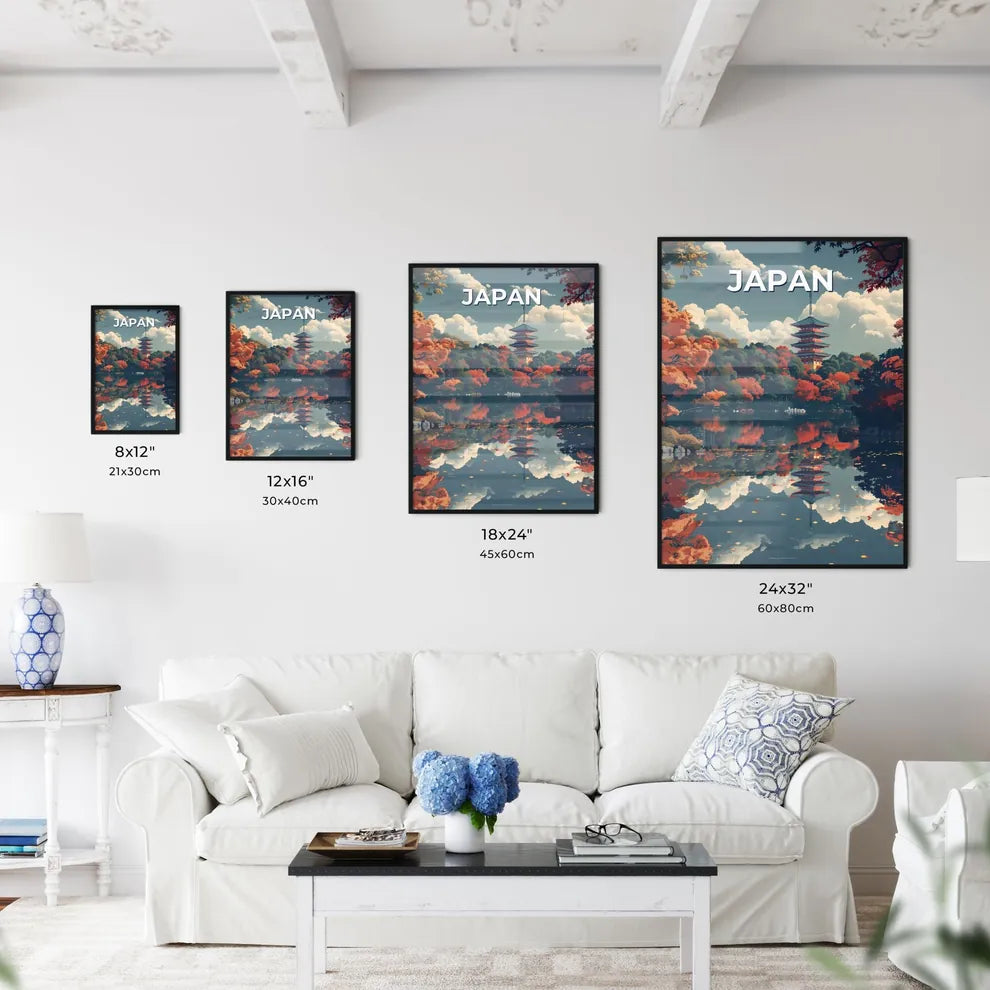 Vibrant Japanese Artwork Depicting a Serene Waterway with Tower Amidst Trees Size Chart