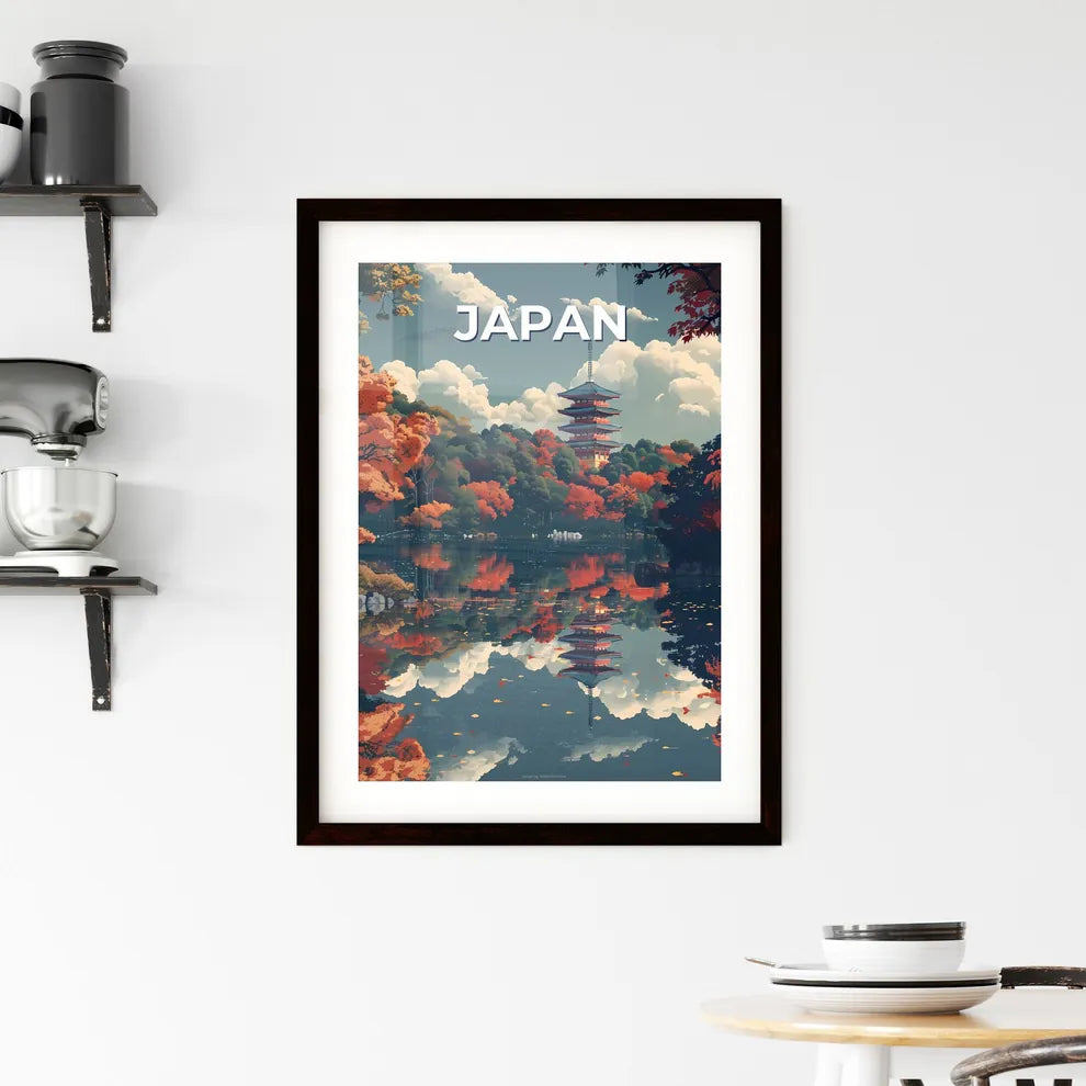 Vibrant Japanese Artwork Depicting a Serene Waterway with Tower Amidst Trees Custom Print