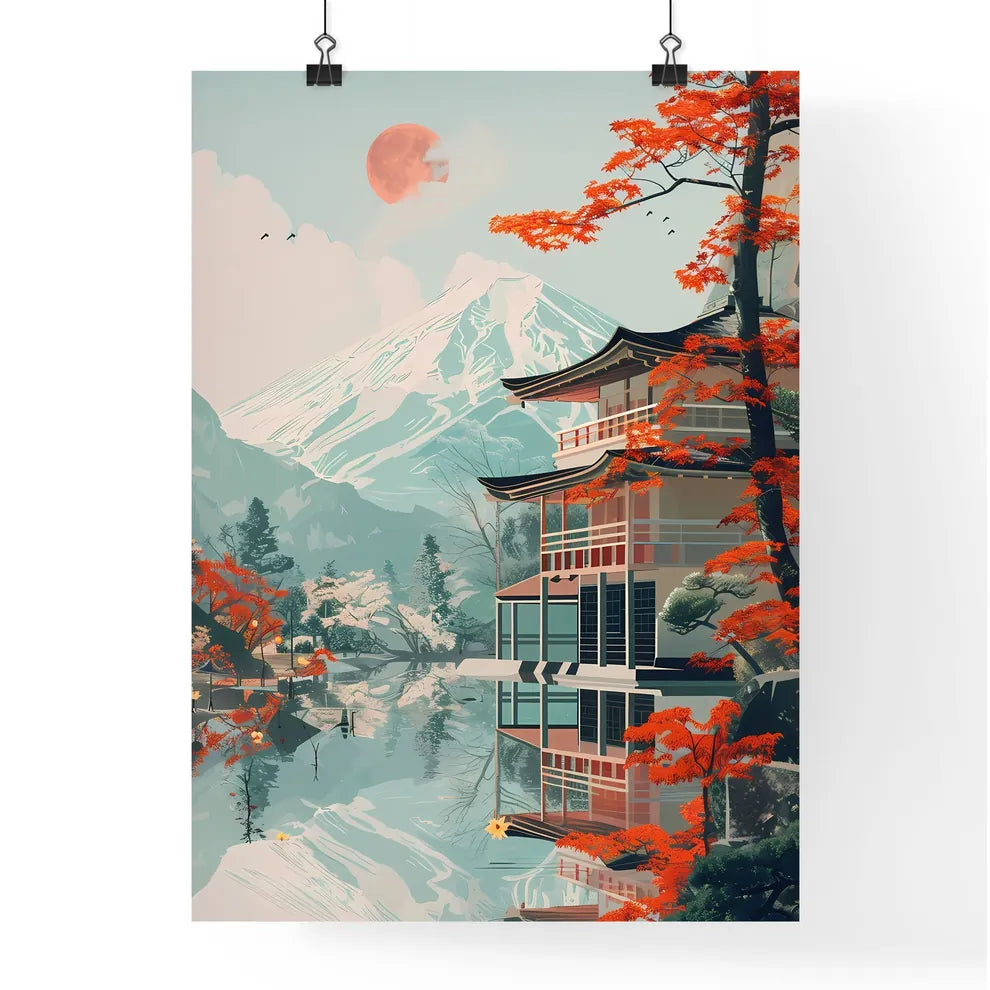 Vibrant Japanese architecture building art painting in bauhaus style, poster for exhibition, high detail, human figures by a lake Poster