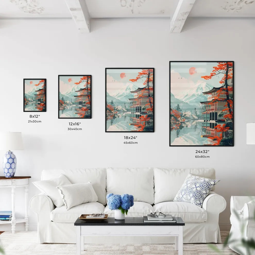 Vibrant Japanese architecture building art painting in bauhaus style, poster for exhibition, high detail, human figures by a lake Size Chart